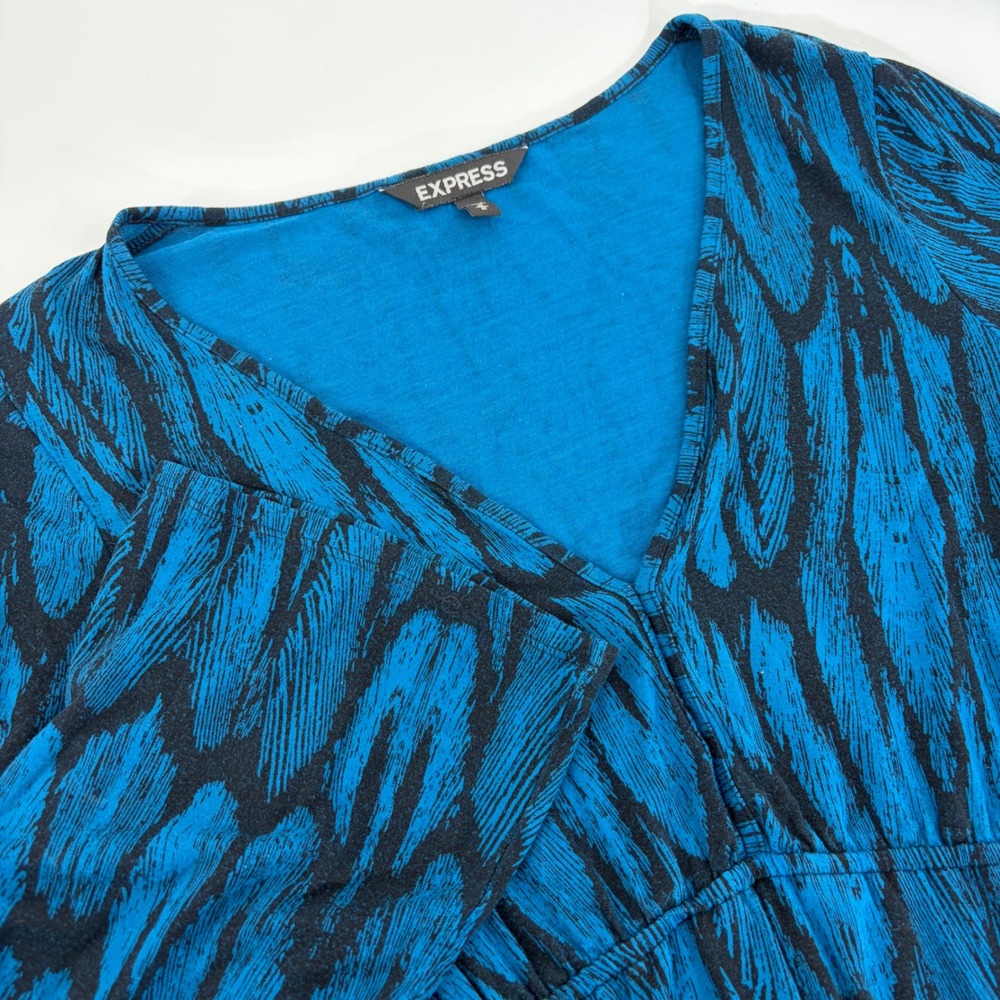 Express Teal Blue Black Abstract Feather Empire Waist V-Neck Mini Dress Medium